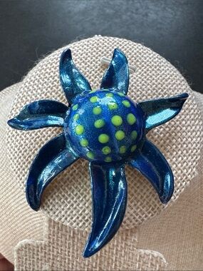 VTG Kramer of New York Blue Enamel Flower Brooch Unsigned Mid-Century Statement